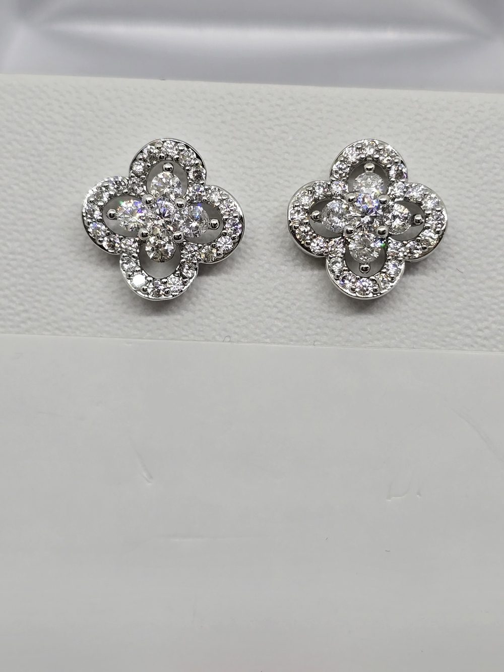 Diamond Flower Cluster Stud Earrings - Silver Tone